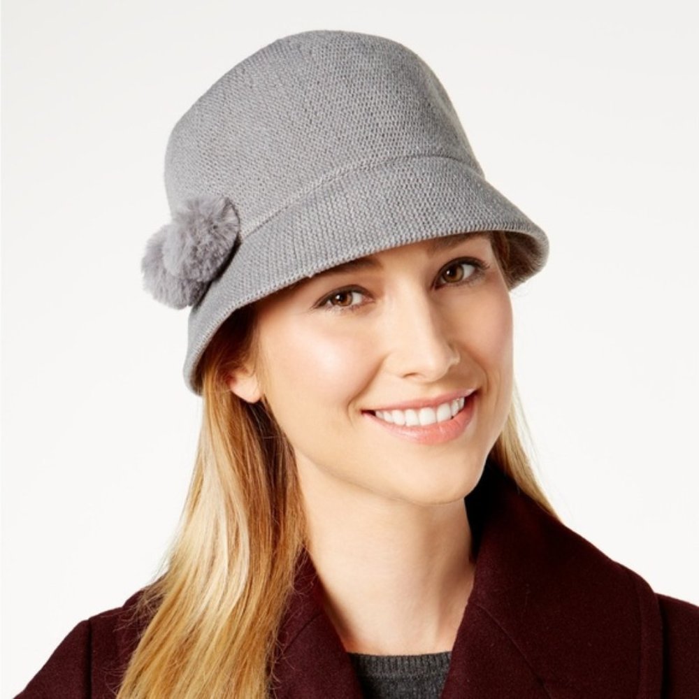 NWT! August Hats Faux Fur Pom-Pom Cloche Grey